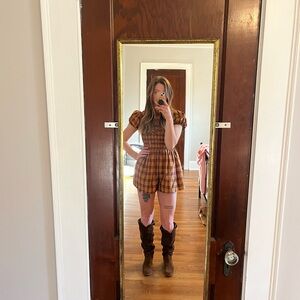 Anthropologie Plaid Jumpsuit in Brown and Yellow